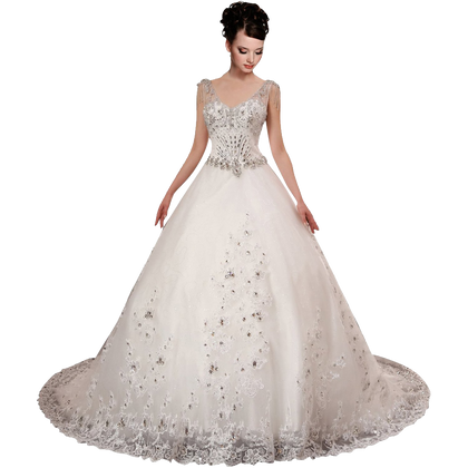 A-plum White Strap Ball Gown In Lace Layered Wedding Dress