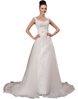 A-plum White Strap Ball Gown In Lace with Bowknot Wedding Dress