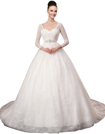 A-plum White V-Neck Ball Gown In Lace Wedding Dress